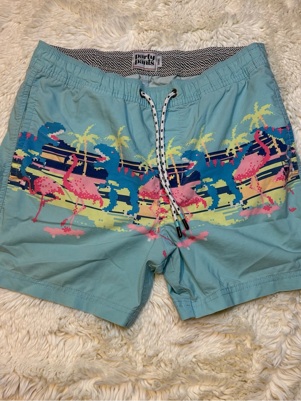 Party Pants Men's size small light blue Flamingo/trex Pixel Swim Trunks no liner